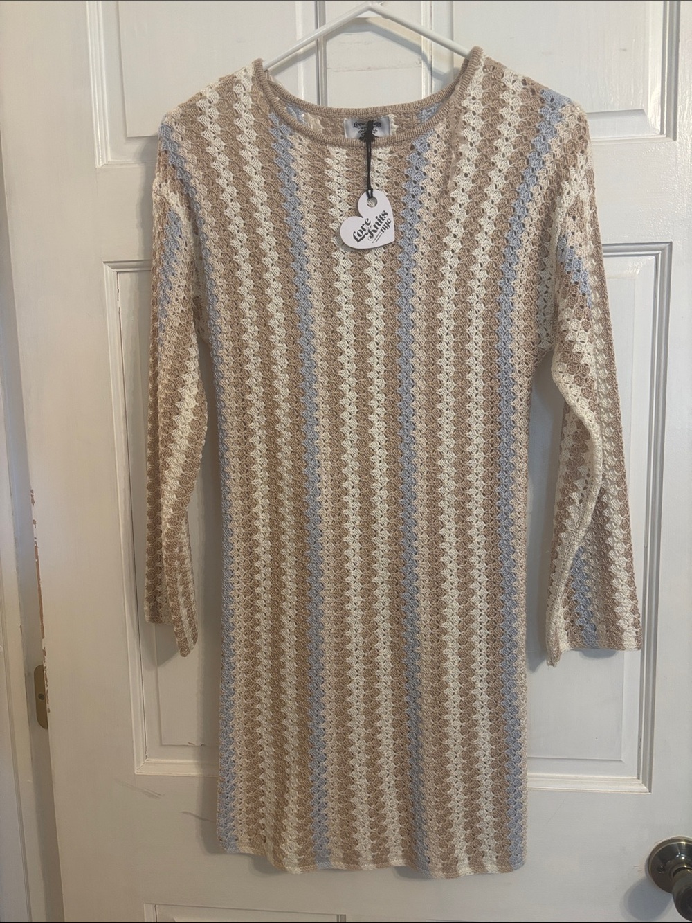 Casual Striped Long-Sleeve Knit Dress in Beige, Cream & Light Blue